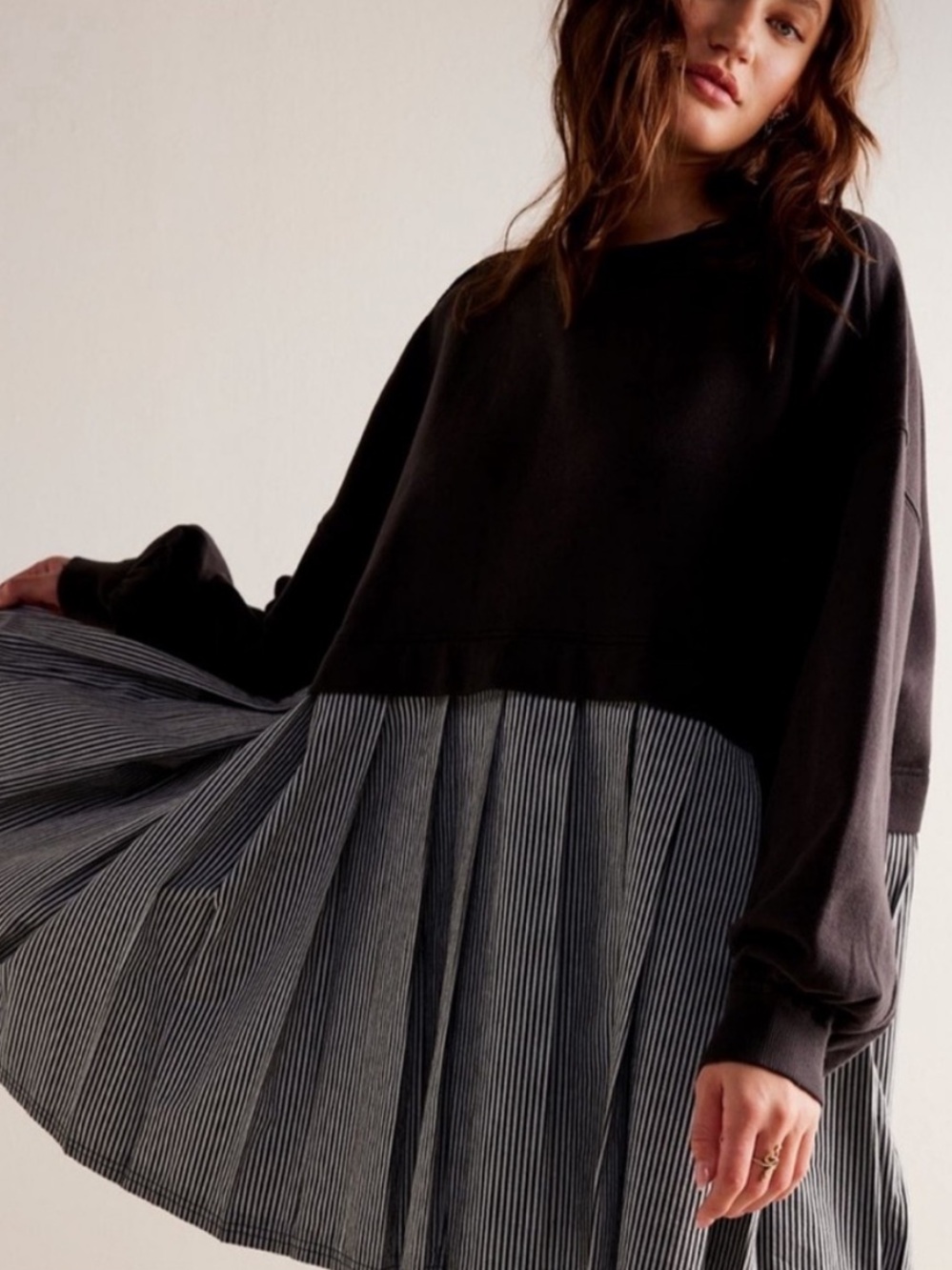 Free People Elenor Dress Black Sweatshirt with Gray Striped Pleated Hem Mini M